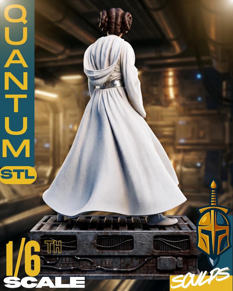 May include: A white-robed figure, a 1/6 scale model, stands on a metallic platform. The figure has a detailed hairstyle and a silver belt. The image includes the text "QUANTUM STL" and "SCULPS".