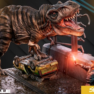 Dinosaur T-Rex Chase Movie Diorama STL | Pre-Supported & Unsupported Sculpture | Digital Download