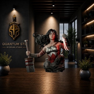 May include: A bust of a female warrior with long dark hair, wearing a silver and red chest plate, holding a large rectangular hammer in one hand and a glowing lasso in the other. The figure features a red headband and arm wraps.
