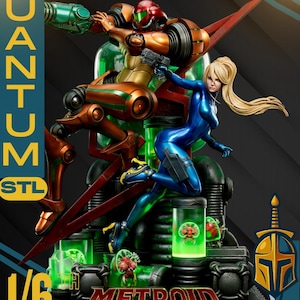 Puede incluir: Estatua detallada a escala 1/6 con personajes de la serie Metroid. La estatua muestra un personaje femenino con un traje azul y una figura robótica con armadura naranja y verde, con el texto "METROID" y "QUANTUM STL".