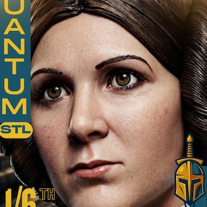 May include: A detailed portrait of a woman with brown hair styled in a classic updo. The image includes text that reads "QUANTUM STL" and "1/6 TH SCALE". A logo featuring a helmet and sword is also present.