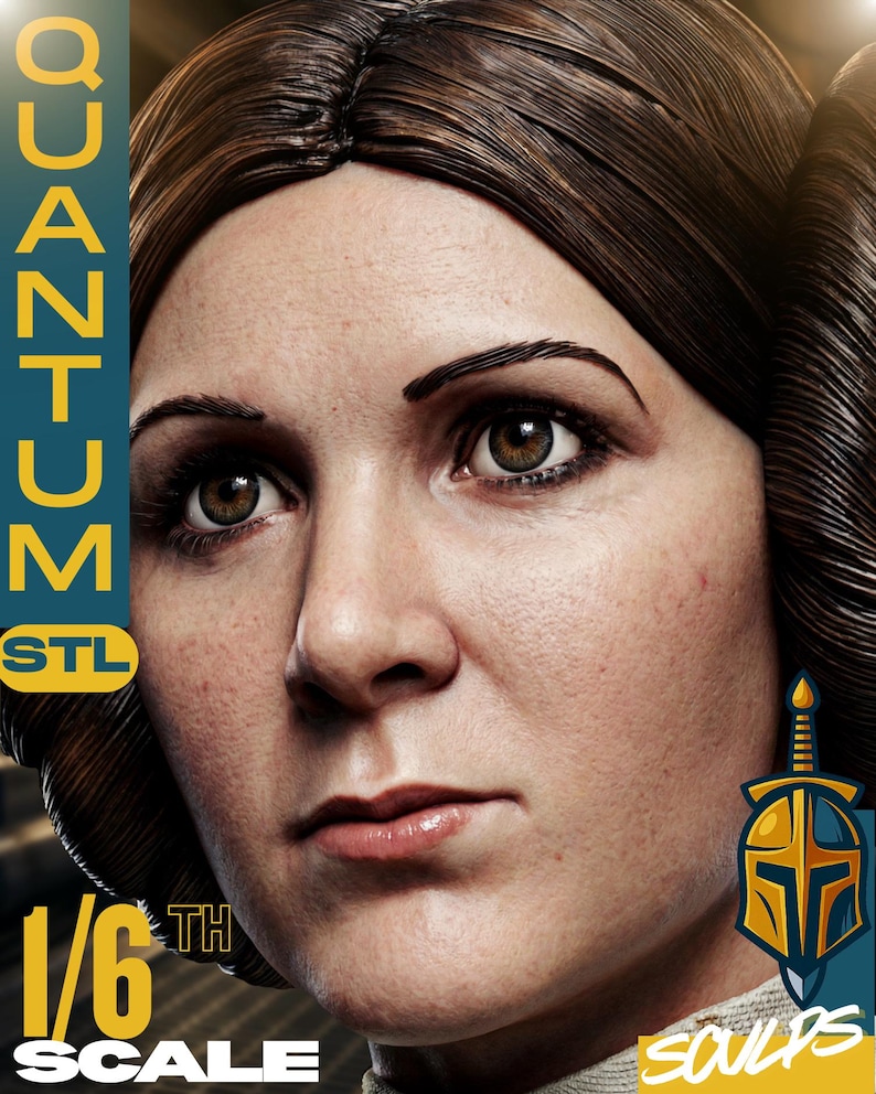 May include: A detailed portrait of a woman with brown hair styled in a classic updo. The image includes text that reads "QUANTUM STL" and "1/6 TH SCALE". A logo featuring a helmet and sword is also present.