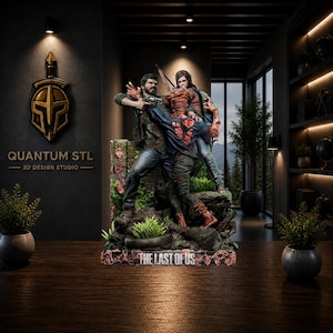 May include: A detailed multi-character figurine depicting Joel and Ellie from The Last of Us in a combat scene against an infected creature. The base features a brick wall, foliage, and the text The Last of Us, showcasing intricate textures.