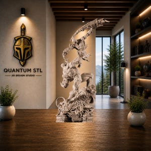 May include: A detailed, off-white sculpture of a mythological creature in a dynamic pose, possibly a centaur or similar being, atop an ornate base. The sculpture is displayed on a wooden table in a well-lit room. The text "QUANTUM STL - 3D DESIGN STUDIO" is visible on the wall.