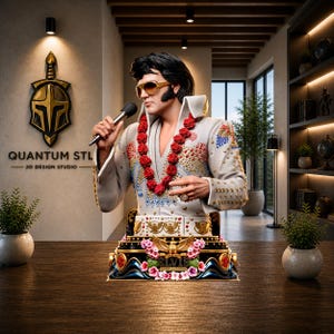 May include: A detailed bust of Elvis Presley wearing a white jumpsuit with gold and blue embellishments, gold-rimmed sunglasses, and a red rose lei. The base features an eagle emblem, floral accents, and the text Elvis Aloha from Hawaii.