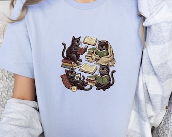 Bookish Cat Shirt, Cat Mom Reading Tee, Vintage Book Lover Gift
