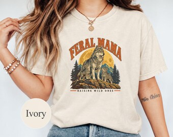 Camiseta Feral Mama, Camiseta Comfort Colors Vintage Wolf, Gráfico de Maternidad Salvaje