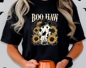 Boo Haw Halloween Ghost T-Shirt: Western Cowboy Hat & Sunflower Graphic Tee