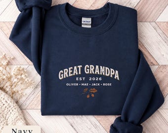 Sudadera para bisabuelo, cuello redondo personalizado con el año de fundación y los nombres de los nietos.