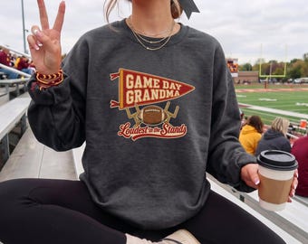 Sudadera de abuela para el día del partido, sudadera con cuello redondo y banderín de fútbol vintage