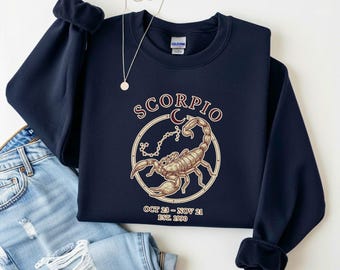 Sudadera de Escorpio, sudadera con cuello redondo vintage del zodíaco celestial con año de nacimiento personalizado.
