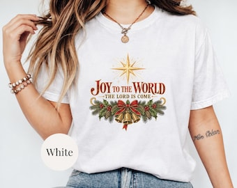 Camiseta «Alegría para el mundo», camiseta navideña cristiana Comfort Colors, estampado de villancicos vintage.