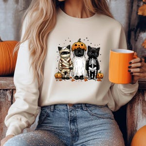 May include: A cream-colored sweatshirt featuring a Halloween-themed graphic. The graphic depicts three black cats dressed in costumes: a mummy, a ghost, and a skeleton. Each cat is accompanied by a small pumpkin. The design is set against a backdrop of small stars.