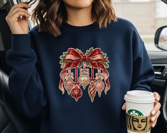 Sudadera con lazo navideño victoriano, cuello redondo con adorno vintage rosa