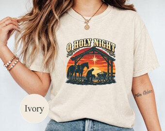 Camiseta Noche Santa, Camiseta Natividad Western de Comfort Colors, Gráfico Navideño Vaquero