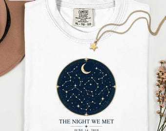 Camiseta personalizada con mapa estelar y colores cómodos, camiseta "La noche que nos conocimos", idea de regalo de aniversario personalizado.