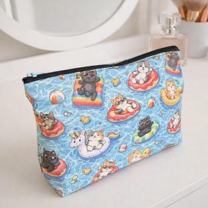 Handmade Cute Cat Pool Float Makeup Bag | Fun Summer Cosmetic Pouch | Cat Lover Gift | Travel Makeup Organiser - Medium