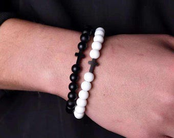 Black and White Beads Cross Bracelet