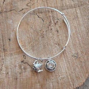 Teapot & Tea Cup Charm Bangle Bracelet - Vintage Style Silver tea party charms - Different color Bracelets available