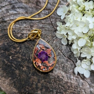Natural Hand-crafted pressed dried resin Flower & Rose Gold flake Gold Necklace, Teardrop shaped pendant.