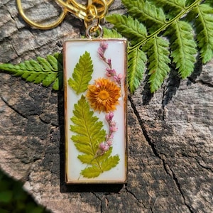 Natural Hand-crafted pressed dried resin Flower & Fern Gold Necklace, Rectangle shaped pendant.