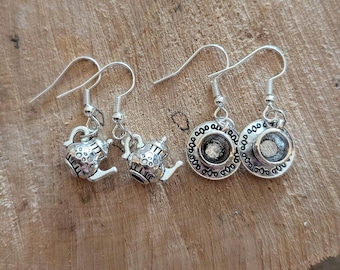 Tea Pot & Tea Cup Charm Earrings - Vintage Style Silver tea party charm earrings for Tea Lovers