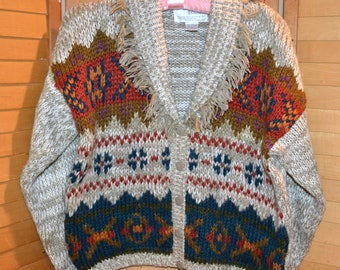 Vintage Cardigan Fab Fringe Abstract Colors Deep V Neck