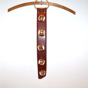 May include: A brown leather strap with five gold jingle bells attached. The strap is hanging from a wooden hanger.