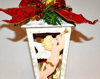 Vintage Lantern Holiday Angel with Gold on White French Country, Farmhouse, Hollywood Regency