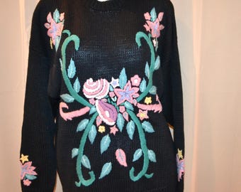 Vintage Sweater Crewel Oversized on Black Hip