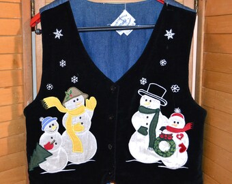 Vintage Vest Retro Solid with Denim and Fun Snowmen Reversible