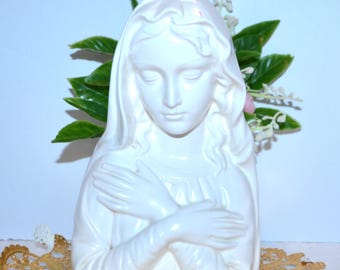 Vintage Virgin Mary Madonna  Praying  Planter White on White