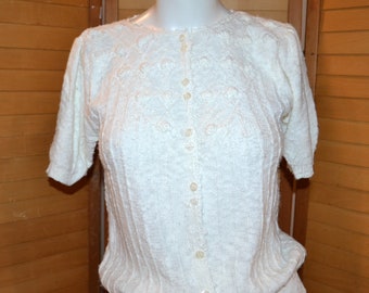 Vintage White on White Crewel Knit Sweater Cardigan Style