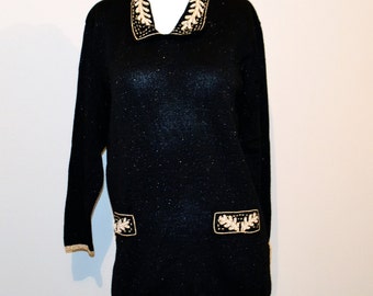 Vintage Sweater Black with Gold and Pearl Baroque