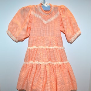 Vintage Little Girl Gingham Prairie Orange Bliss with White Dress image 1