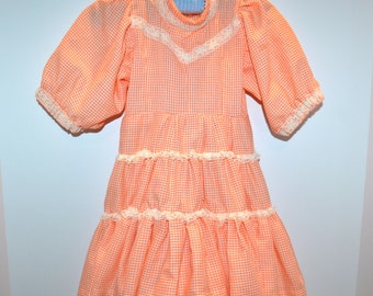 Vintage Little Girl Gingham Prairie Orange Bliss with White Dress