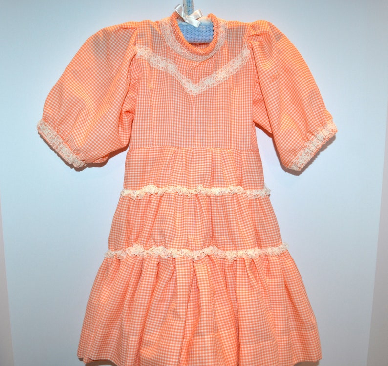 Vintage Little Girl Gingham Prairie Orange Bliss with White Dress image 1