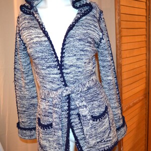 Sale 1970&#39;s Vintage Sweater Wrap Hoodie Bell Sleeve with Navy Whip Stitch