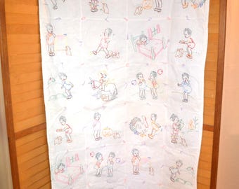 1950 Vintage Kitschy Busy Baby Embroidery on White Quilt Style