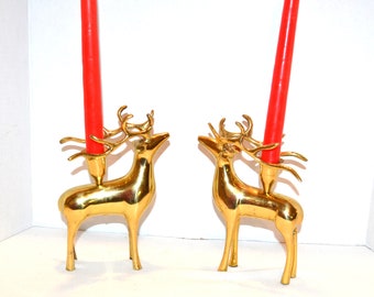 Vintage Deer Brass Couple Hollywood Regency Rustic Eclectic Candle Holders