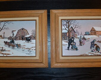 Vintage Amish Winter Scenes Framed C. Carson Paintings