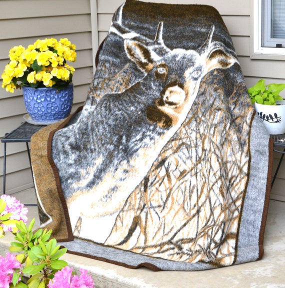 Blanket Vintage Deer Biederlack Reversible Made in USA Etsy