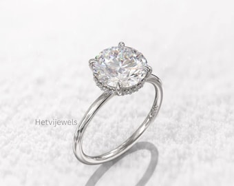 3CT Round Moissanite Solitaire Engagement Ring with Hidden Halo Pave Diamond 18K White Gold Ring With Promise Ring For Her