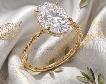 Oval Twisted Engagement Moissanite Rope Ring, 12x8 mm Oval & 0.11 CT Hidden Halo Diamond, 14K/18K Solid Gold Ring, Anniversary Gift For Her