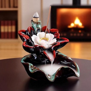 Floral Backflow Incense Burner – Ceramic Waterfall Incense Holder for Cones & Sticks, Zen Home Decor Aromatherapy Gift