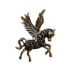 Handcrafted Gold-Tone Pegasus Brooch with Black Crystal-Encrusted Body & Detailed Wings, Mythical Horse Statement Jewelry Pin Gift
