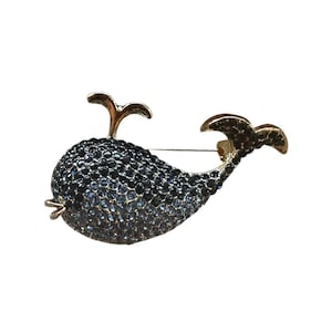 Gold-Tone Whale Brooch with Navy Crystal Embellishments & Sparkling Fin Details, Nautical Ocean-Inspired Statement Pin