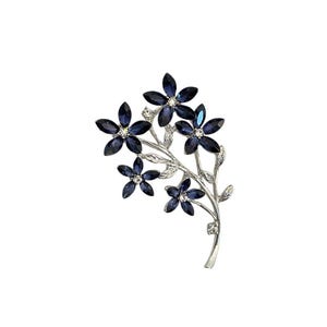 Silver-Tone Branch Brooch with Blue Crystal Flowers – Elegant Floral Sprig Pin for Jackets, Dresses, Scarves & Special Occasion Accessories
