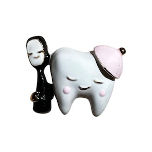 Enamel Tooth Fairy Brooch Pin with Smiling Tooth & Masked Fairy Character, Cute Kawaii Dental Jewelry, Unique Statement Gift