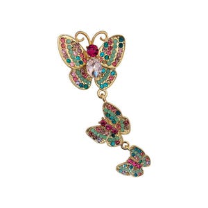Vibrant Enamel Butterfly Brooch with Dangle Crystal Charms, Sparkling Multicolor Insect Pin Jewelry for Women Perfect Spring Gift Accessory
